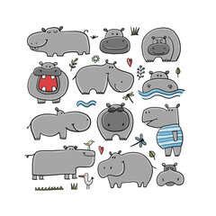 Poster - Hippopotamus collection, cute hippo character for your design