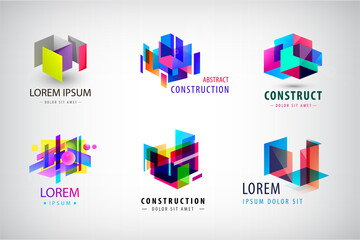 Vector set of abstract geometric colorful logos, icons. Construction, structure building architecture logos, creative concepts