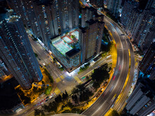 Drone Fly Over Hong Kong City At Night