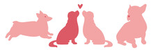 Cute Pink Dogs With Hearts. Bulldog Or Pug, Cavalier King Charles Spaniel, Welsh Corgi Dogs Breeds Silhouettes. Cupid. I Love You. Valentine's Day. Vector Flat Design
