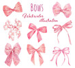 Set of watercolor pink bows isolated on white background.