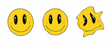 Retro Melting Crazy And Dripping Smiley Face. Distorted Yellow Face. Hippie Groovy Smile Character Vector Set. Vector Illustration