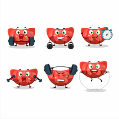 Sticker - A healthy red orange gummy candy cartoon style trying some tools on Fitness center