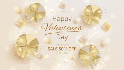 Wall Mural - Realistic gift box with ribbon and heart shaped elements, luxury style valentines day background.