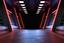 Empty Dark Room, Modern Futuristic Sci Fi Background. 3D Illustration