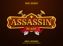 Fantasy Golden Assassin Blade Medieval Rpg Game Logo Title Text Effect With Border, Ribbon And Sword
