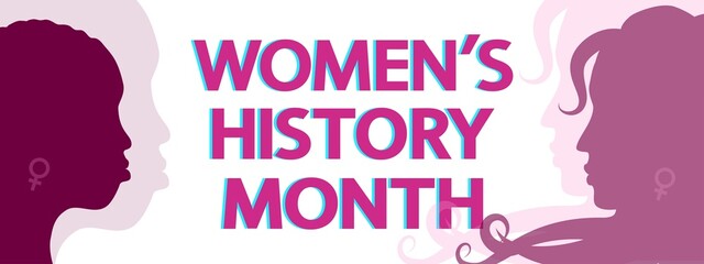 Wall Mural - Women's History Month vector concept. Modern lettering and female silhouettes on white.