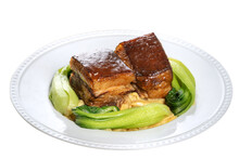 Dong Po Rou (Dongpo Pork Meat) In A Plate Isolated On White Background.