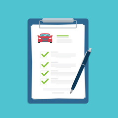 Car insurance document, report. Paper agreement checklist or loan checkmarks form list approved with automobile icon, vehicle financial, car dealership legal deal. 