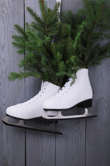 Sticker - Pair of ice skates with fir branches hanging on grey wooden wall