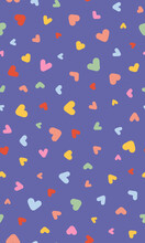 Colorful Hearts Seamless Repeat Pattern. Random Placed, Vector Love Sign Elements All Over Surface Print On Very Peri Background.