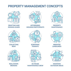 Wall Mural - Property management turquoise concept icons set. Agency service. Operation with real estate idea thin line color illustrations. Isolated outline drawings. Roboto-Medium, Myriad Pro-Bold fonts used