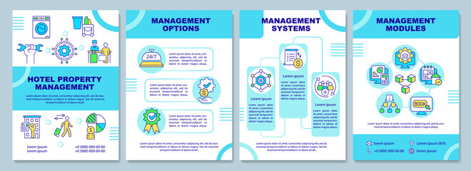 Property management in hotels blue brochure template. Booklet print design with linear icons. Vector layouts for presentation, annual reports, ads. Arial-Black, Myriad Pro-Regular fonts used