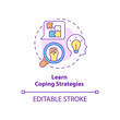 Learn coping strategies concept icon. Support group benefit abstract idea thin line illustration. Problems solving. Isolated outline drawing. Editable stroke. Roboto-Medium, Myriad Pro-Bold fonts used