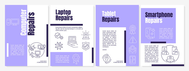Repair services purple brochure template. Laptop and pc. Booklet print design with linear icons. Vector layouts for presentation, annual reports, ads. Anton-Regular, Lato-Regular fonts used