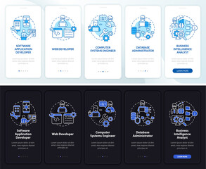 Jobs coders can get night and day mode onboarding mobile app screen. Engineer walkthrough 5 steps graphic instructions pages with concepts. UI, UX, GUI template. Myriad Pro-Bold, Regular fonts used