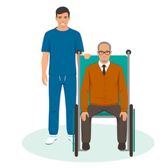 nurse with disabled old man in a wheelchair. Vector illustration