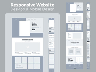 website design. responsive desktop and mobile wireframe. landing page template.