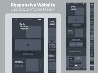 Wall Mural - website design dark mode. responsive desktop and mobile wireframe. landing page template.
