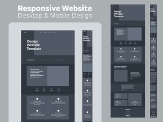 Poster - website design dark mode. responsive desktop and mobile wireframe. landing page template.