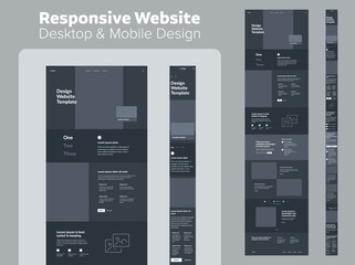 Poster - website design dark mode. responsive desktop and mobile wireframe. landing page template.