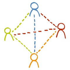 Blue-green-red-orange contour illustration of the relationship between a team of people. Hand-drawn color line vector icon