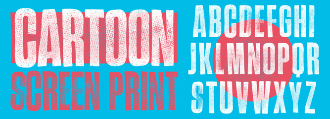 Cartoon Screen Print Font. Individually textured characters with a rough halftone screen print texture. Unique design font