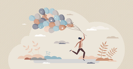 Happy life with careless feelings and joyful emotions tiny person concept. Dynamic lifestyle with fun and satisfied mental state vector illustration. Positive and full of optimism female expression.