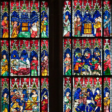 Stained Glass Window From Inside A Cathedral In Strasbourg, France. Established In The 1400's In The Alsace Region. Europe.