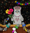 An ashen famous cat in a diadem and a pendant with a bouquet of  roses gives an interview to the press.