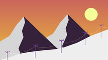 Mountain Sunset Illustration In Cold Region With Beautiful Orange-yellow Sky And Electric Poles