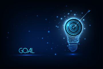 Futuristic goal, achievement concept with glowing low polygonal light bulb and target isolated on dark blue
