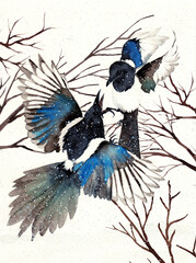 Watercolor illustration of two black and turquoise magpies dancing on a background of falling white snow