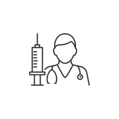 Doctor with a syringe with a vaccine line icon. Editable stroke