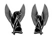 ancient egyptian style sitting winged cats representing Bastet goddess - elegant black and white vector mythical black panther silhouette outlines