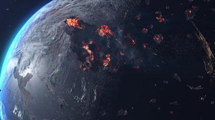 Wall Mural - asteroid meteor rock heading planet earth with burning rock debris cinematic outer space view, globa