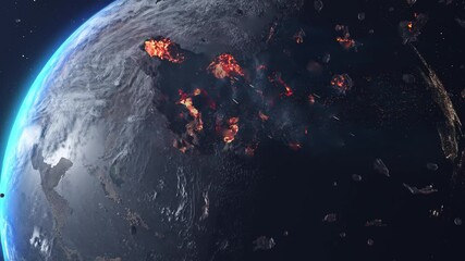 Wall Mural - asteroids meteors rocks heading planet earth with burning debris camera fly inside asteroid field ci