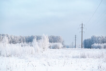 Electric Power Line In Snow-covered Field And Hoar Frosted Forest Trees Winter Landscape