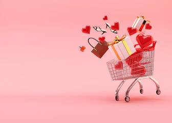 Shopping cart, trolley with gift boxes, hearts, shoes, parfume, bag on pink background with free space for text, copy space. Valentine's Day, sale. 3D illustration.