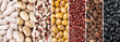 Collage of assorted beans. White, yellow, azuki, brown, rajado and black uncooked beans in panoramic format