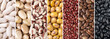 © Odu Mazza - Collage of assorted beans. White, yellow, azuki, brown, rajado and black uncooked beans in panoramic format