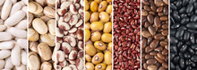 Collage Of Assorted Beans. White, Yellow, Azuki, Brown, Rajado And Black Uncooked Beans In Panoramic Format