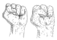 Cat Paw And Human Hand With A Clenched Fist. Vintage Monochrome Hatching Illustration Isolated On White