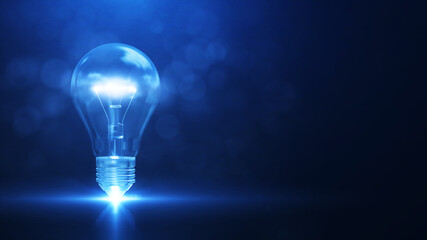 Fototapete - Creativity and new ideas. There is a light bulb on the left with bright white light. against a dark blue background.