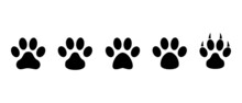 Paw Foot Print Vector Icons Set. Dog, Cat, Bear, Puppy Silhouette. Collection Of Paw Different Animal Paw