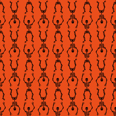 Wall Mural - Seamless texture with black skeletons dancing and having fun on a orange background.