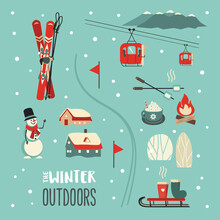 Winter Outdoors Fun Leisure Activity Vector Icon Set. Mountain Ski, Cabin, Sleigh, Cable Car Cartoon Illustration. Wintertime Holidays Weekend Leisure Background. Nature Recreation Sign Collection