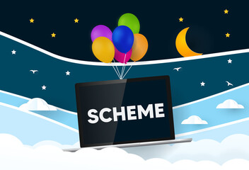 scheme programming language... balloons carries laptop with word scheme