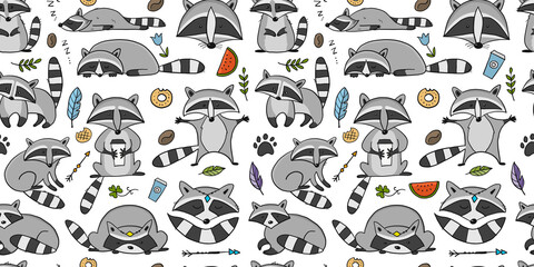 Wall Mural - Racoons Family. Funny Characters. Seamless pattern for your design