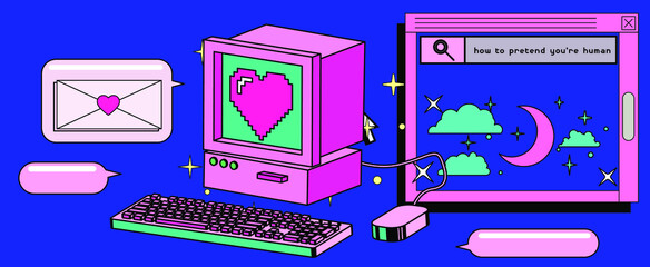 Old retro computer with CRT monitor and keyboard. Vaporwave vintage style aesthetics.